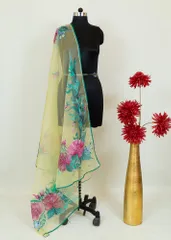 Lime Color Organza Hand Painted Dupatta