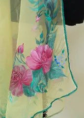 Lime Color Organza Hand Painted Dupatta