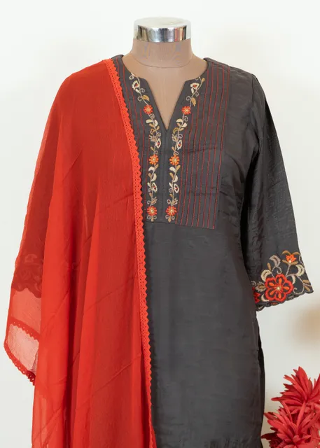 Grey Color Muslin Embroidered Shirt With Rayon Pant And Color Chiffon Dupatta