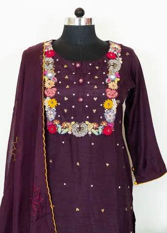 Wine Color Dola Silk Embroidered Shirt with Dola Silk Pant and Viscose Organza Embroidered Dupatta