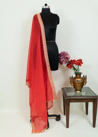 Red color Organza Bandhej Embroidered Dupatta