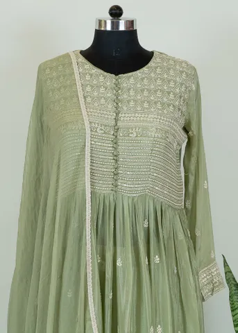 Mint Green Color Chinon Embroidered Shirt with Chinon Embroidered Palazzo and Chiffon Dupatta