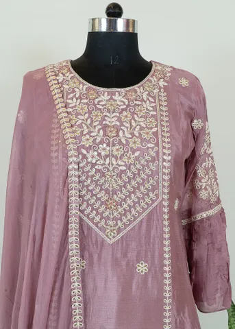 Move Color Chinon Embroidered Shirt with Chinon Embroidered Palazzo and Chiffon Dupatta