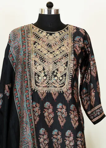 Black Color Dola Silk Printed and Embroidered Shirt with Dola Silk Pant and Dola Silk Dupatta