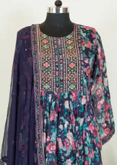 Blue Color Chinon Printed and Embroidered Shirt with Chinon Pant and Chiffon Dupatta