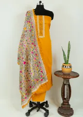 Mustard Color Jam Silk Embroidered Shirt with Zam Silk Bottom and Tissue Chanderi Kantha Embroidered Dupatta