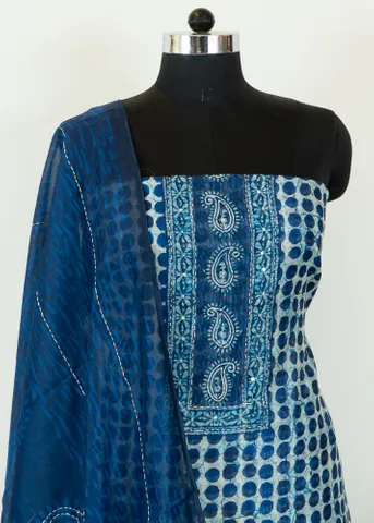 Blue Color Chanderi Printed Shirt with Cotton Bottom and Chanderi Printed Dupatta