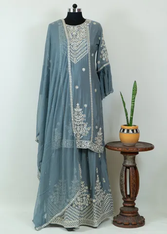 Blue Color Chinon Embroidered Shirt with Chinon Embroidered Palazzo and Chiffon Dupatta