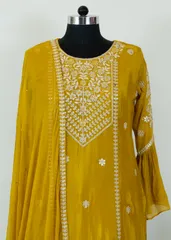 Haldi Yellow Color Chinon Embroidered Shirt with Chinon Embroidered Palazzo and Chiffon Dupatta