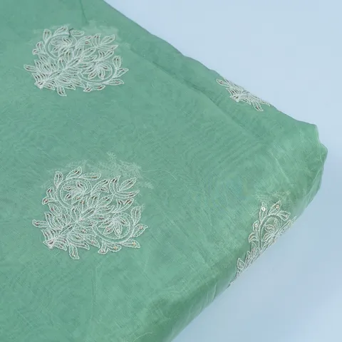 Green Color Chanderi Thread Embroidery (90Cm Piece)