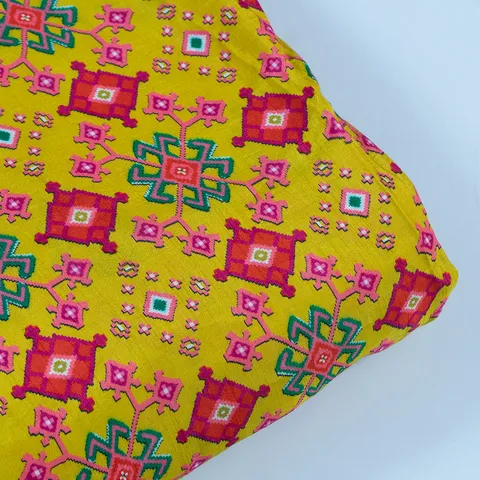 Yellow Color Dola Silk Digital Printed Fabric