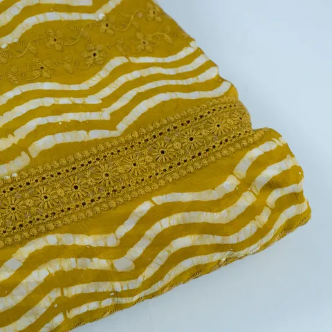 Mehndi Color Organza Batik Print with Thread Embriodered Fabric