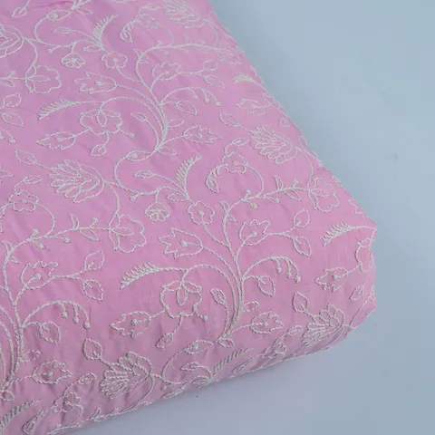 Pink Color Cotton Thread Lakhnavi Embroidered Fabric