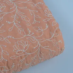 Gajree Color Cotton Thread Lakhnavi Embroidered Fabric