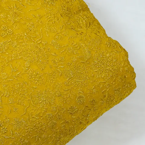 Mustard Color Organza Thread Embroidered Fabric