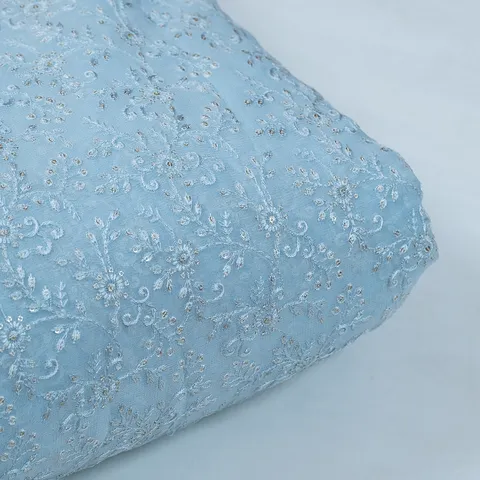 Powder Blue Color Georgette Thread and Sequins Embroidered Fabric