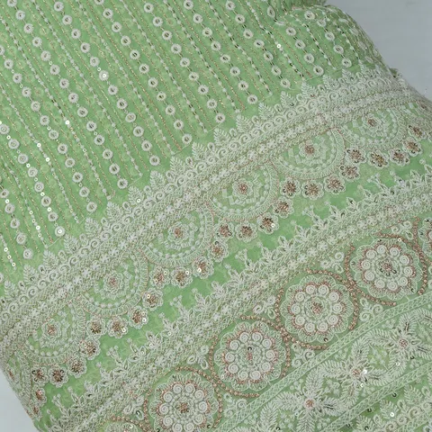 Pista Green Color Georgette Thread and Faux Mirror Embroidered Fabric