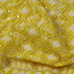 Yellow Color Georgette Thread and Faux Mirror Embroidered Fabric