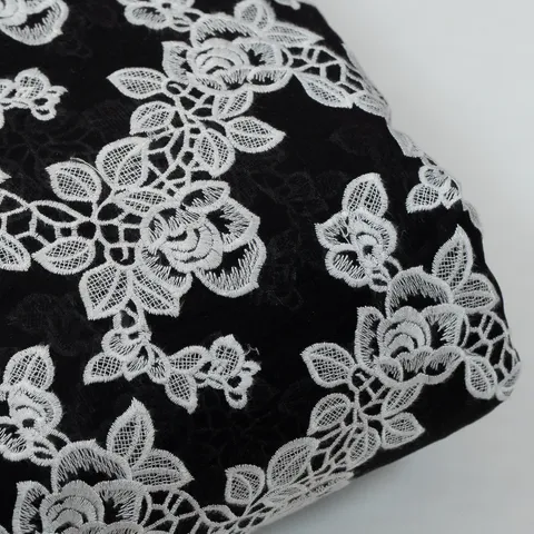 Black Color Cotton Thread Embroidered Fabric