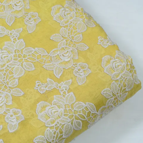 Yellow Color Cotton Thread Embroidered Fabric