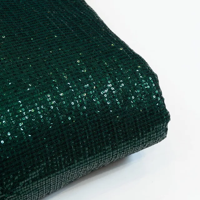 Green Color Sequins Net Lycra Embroidered Fabric