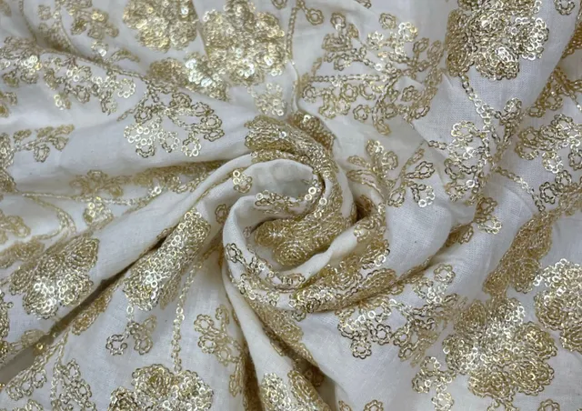 Dyeable Embroidered Cotton White Golden Floral