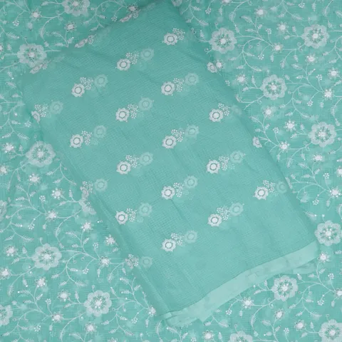 Sea Green Cotton Kota Doria Thread Embroidered Fabric Set