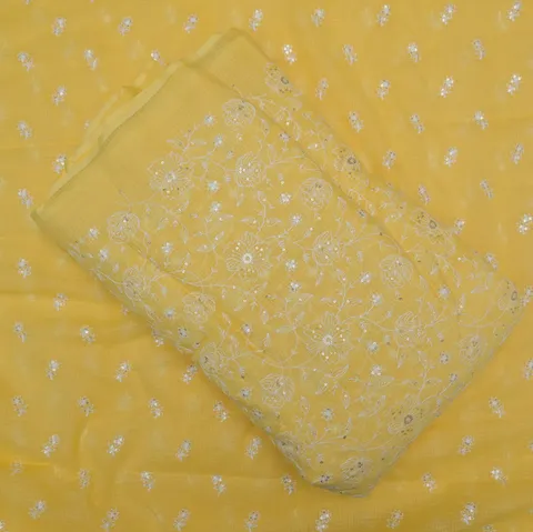 5 Mtr Yellow Cotton Kota Doria Thread Embroidered Fabric Set