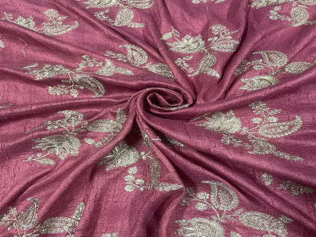 Dyed Embroidered Pure Raw Silk Rouge Golden Floral