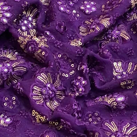 Purple Color Georgette With Thread and Mirror Embroidered Fabric