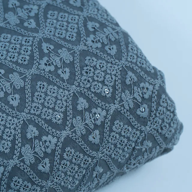 Dark Grey Color Georgette Chikan Embroidered Fabric