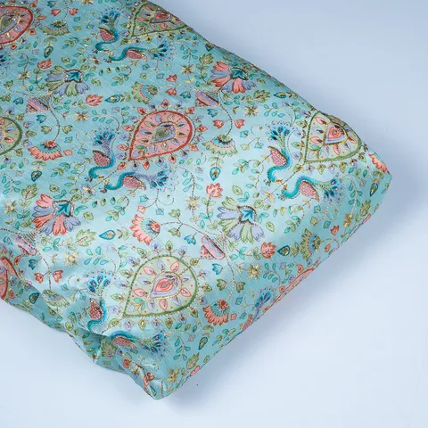 Sea Green Color Dupion Silk Printed Embroidery Fabric