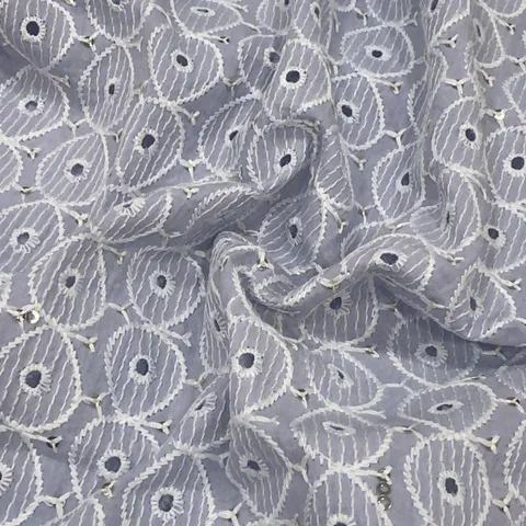 Light grey color  cotton Chikan With Sequin Embroidered Fabric