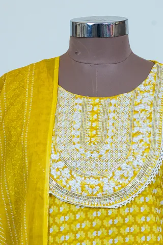 Yellow Color Cotton Printed Kurta with pant and Dupatta Set