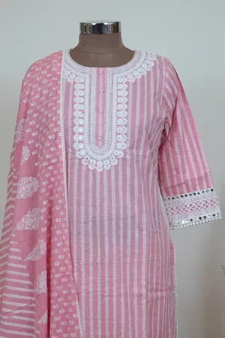 Pink Color Cotton Stripes Kurta with Pant and Dupatta Set