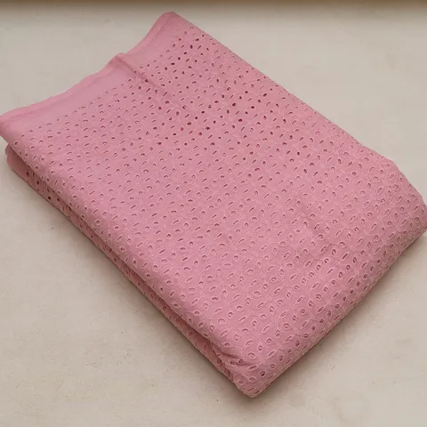 Pink Color Cotton Chikan Embroidered Fabric