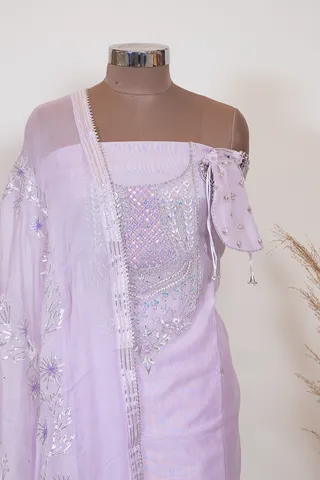 Mauve Color Embroidered Chanderi Shirt with Bottom and Embroidered Chiffon Dupatta
