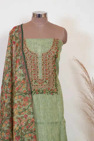 Green Color Tissue Chanderi Embroidered Shirt with Bottom and Chanderi Dupatta