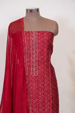 Red Color Cotton Embroidered Shirt with Bottom and Chiffon Dupatta