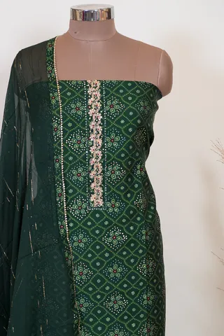 Bottle Green Color Modal Chanderi Print with Embroidered Shirt with Bottom and Chiffon Dupatta
