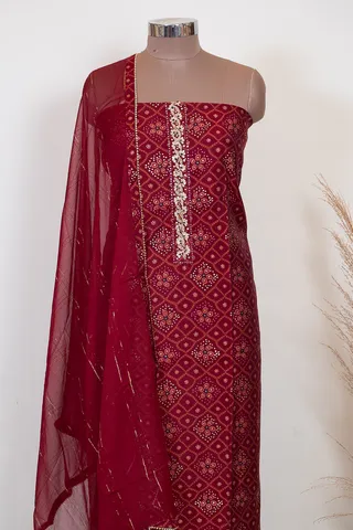 Red Color Modal Chanderi Print with Embroidered Shirt with Bottom and Chiffon Dupatta