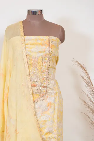 Yellow Color Muslin Print with Embroidered Shirt with Bottom and Muslin Dupatta