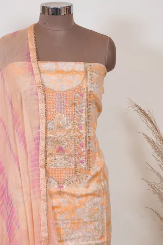 Orange Color Muslin Print with Embroidered Shirt with Bottom and Muslin Dupatta