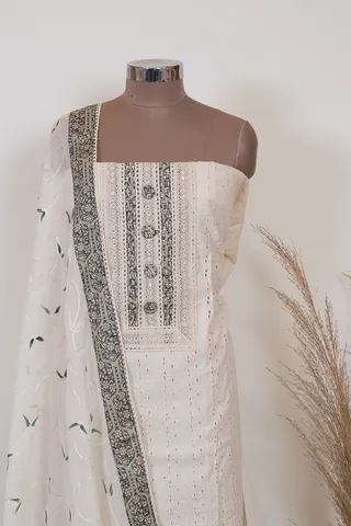 Cream Color Chikan Print with Lace Shirt with Bottom and Cotton Dupatta