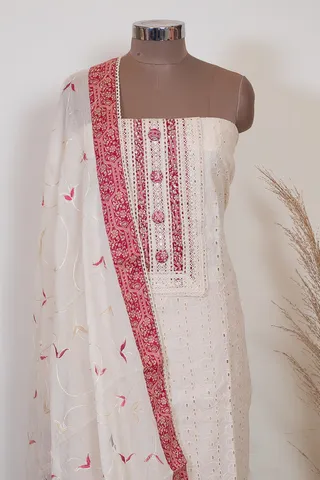 Cream Color Chikan Print with Lace Shirt with Bottom and Cotton Dupatta