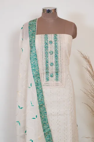 Cream Color Chikan Print with Lace Shirt with Bottom and Cotton Dupatta