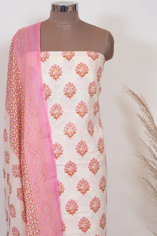 Cream Color Printed Cotton Shirt with Bottom and Mal Cotton Dupatta