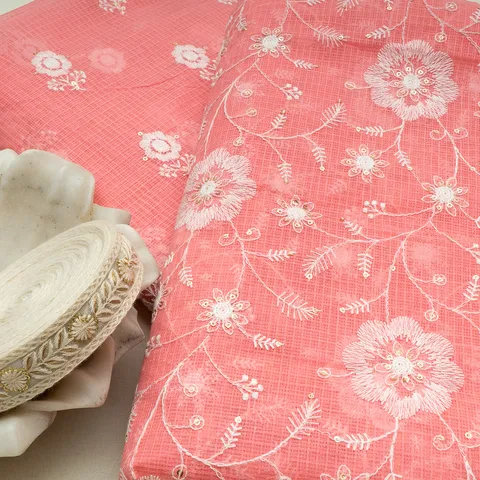 DIY Pink Color Kota Doria Embroidered Set