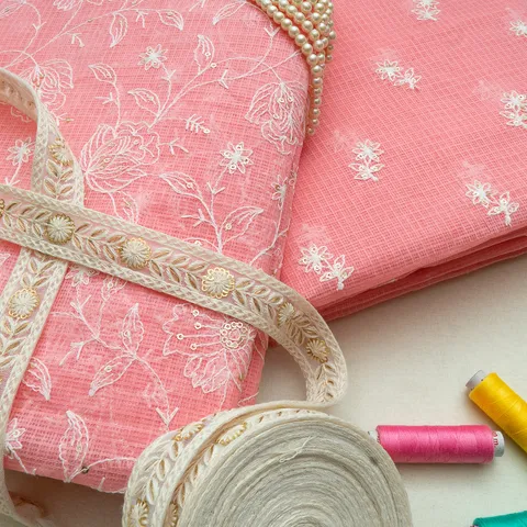 DIY Peach Color Kota Doria Embroidered Set