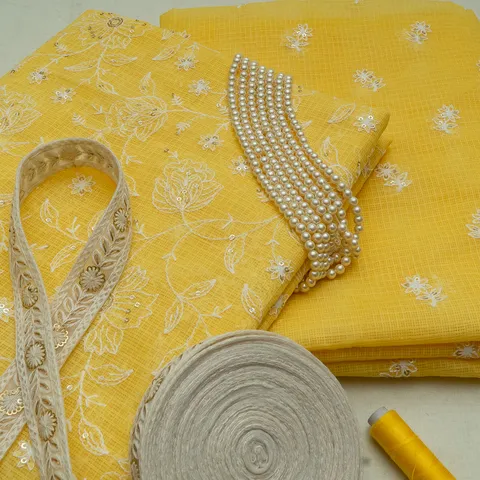 DIY Yellow Color Kota Doria Embroidered Set